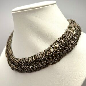 Heavy Woven Metal Collar Necklace Wide Vintage Runway Gold Tone 16 in 135g